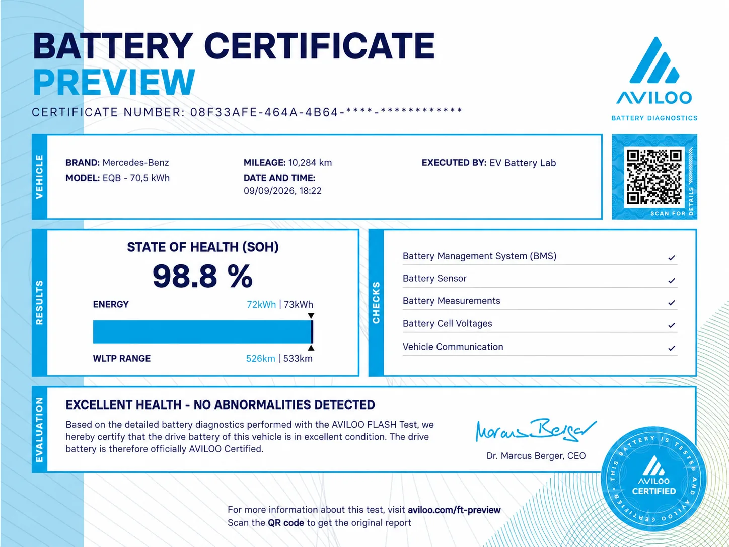Redacted AVILOO battery certificate preview showing a 98.8 percent State of Health result, energy and range comparisons, completed diagnostic checks and an excellent-health evaluation